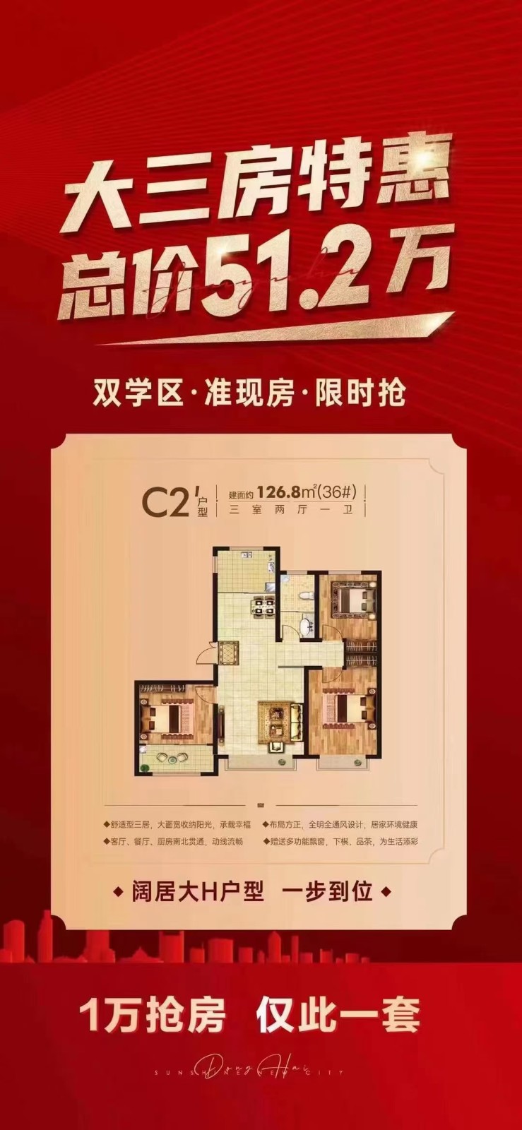 3一万抢购,大三房特惠51万2,双学区准现房黄金楼层