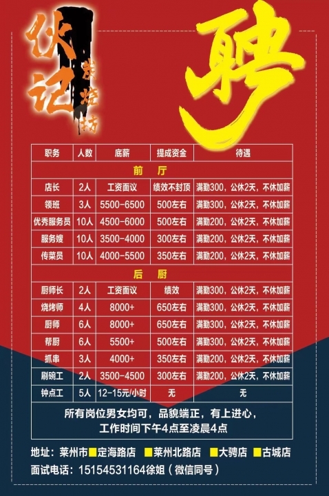 诚聘 店长 领班 服务员 传菜员 服务嫂 厨师长 厨师 帮厨 烧烤师 洗碗工 抓串 钟点工 包食宿