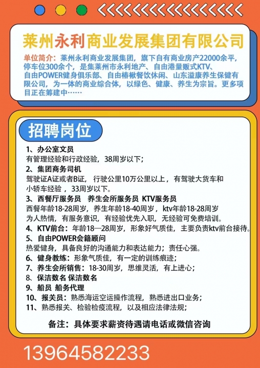永利集团招聘文员 司机 服务员 前台健身教练 顾问 销售 保洁 船员船务代理 报关员 交五险